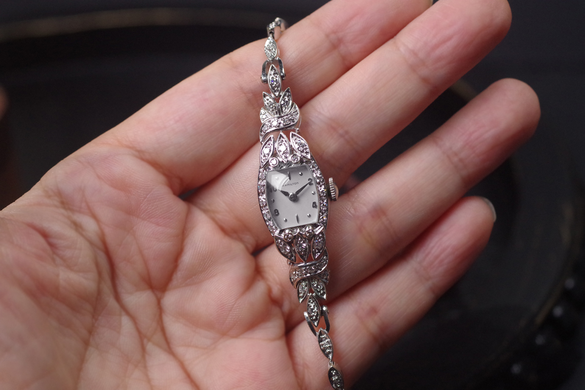 ダイヤモンドウォッチ　HAMILTON ハミルトン　14金製ケース＆ブレス　ダイヤモンド　アンティーク機械式時計